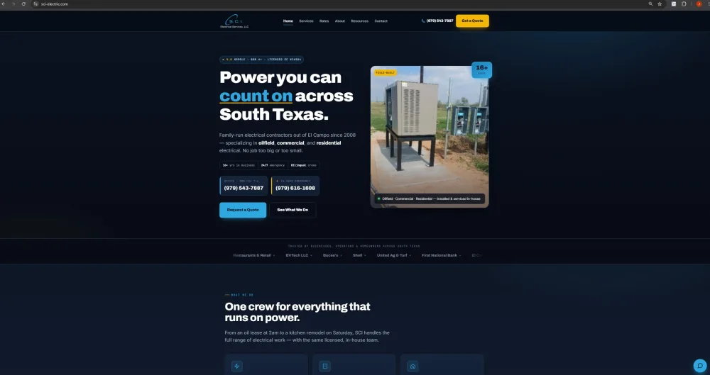 SCI Electrical Services website after BVTech rebuild — dark, modern, mobile-responsive design hosted on Cloudflare